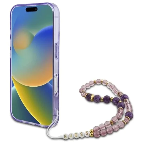 Калъф за iPhone 16 Plus - Guess IML Flowers with Pearl Strap MagSafe (GUHMP16MHFHFWWBRCESU) - Лилав