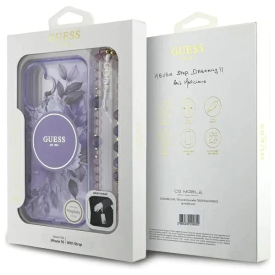 Калъф за iPhone 16 Plus - Guess IML Flowers with Pearl Strap MagSafe (GUHMP16MHFHFWWBRCESU) - Лилав