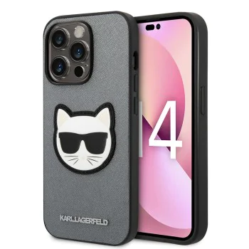Калъф за iPhone 14 Pro - Karl Lagerfeld Saffiano (KLHCP14LSAPCHG) - Silver Choupette Head
