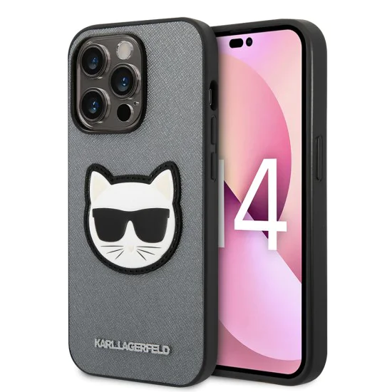 Калъф за iPhone 14 Pro - Karl Lagerfeld Saffiano (KLHCP14LSAPCHG) - Silver Choupette Head