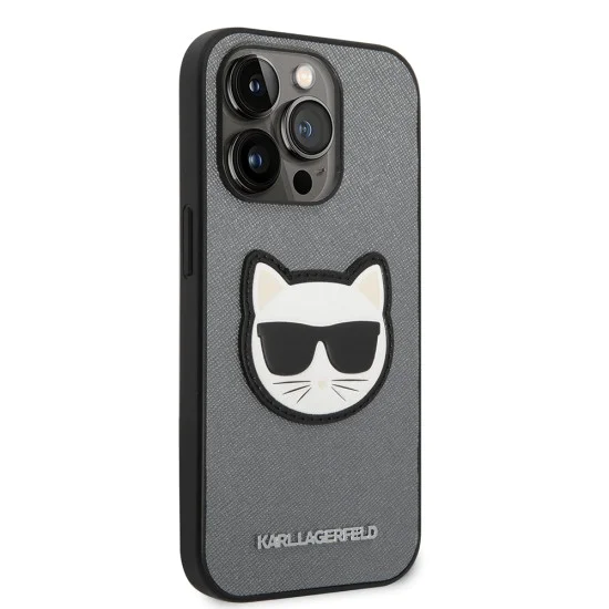Калъф за iPhone 14 Pro - Karl Lagerfeld Saffiano (KLHCP14LSAPCHG) - Silver Choupette Head