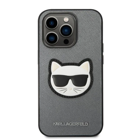 Калъф за iPhone 14 Pro - Karl Lagerfeld Saffiano (KLHCP14LSAPCHG) - Silver Choupette Head