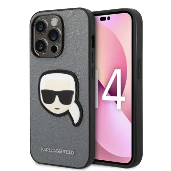 Калъф за iPhone 14 Pro - Karl Lagerfeld Saffiano (KLHCP14LSAPKKHG) - Silver Karl`s Head