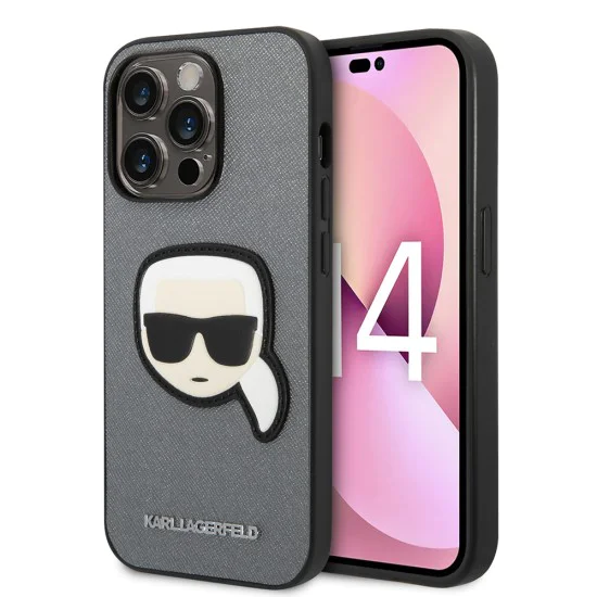 Калъф за iPhone 14 Pro - Karl Lagerfeld Saffiano (KLHCP14LSAPKKHG) - Silver Karl`s Head