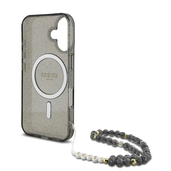 Калъф за iPhone 16 - Guess IML Glitter with Pearl Strap MagSafe (GUHMP16SHGCRELSK) - Черен