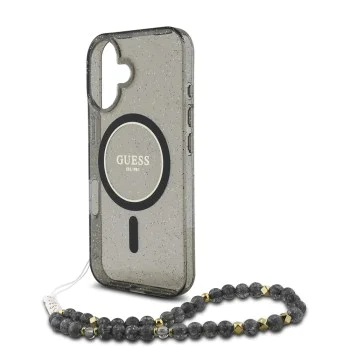 Калъф за iPhone 16 - Guess IML Glitter with Pearl Strap MagSafe (GUHMP16SHGCRELSK) - Черен