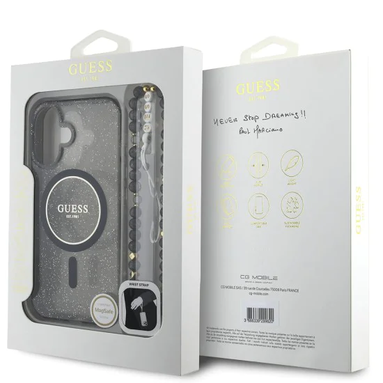 Калъф за iPhone 16 - Guess IML Glitter with Pearl Strap MagSafe (GUHMP16SHGCRELSK) - Черен