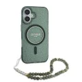 Калъф за iPhone 16 Plus - Guess IML Glitter with Pearl Strap MagSafe (GUHMP16MHGCGCRELSA) - Зелен
