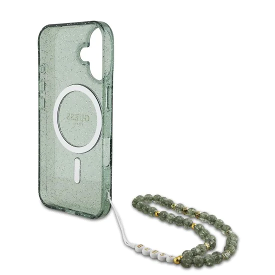 Калъф за iPhone 16 Plus - Guess IML Glitter with Pearl Strap MagSafe (GUHMP16MHGCGCRELSA) - Зелен