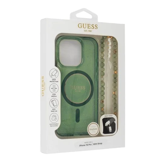 Калъф за iPhone 16 Plus - Guess IML Glitter with Pearl Strap MagSafe (GUHMP16MHGCGCRELSA) - Зелен