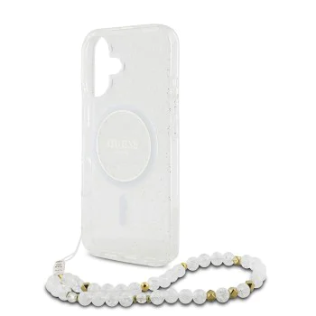 Калъф за iPhone 16 Plus - Guess IML Glitter with Pearl Strap MagSafe (GUHMP16MHGCGCRELST) - Clear