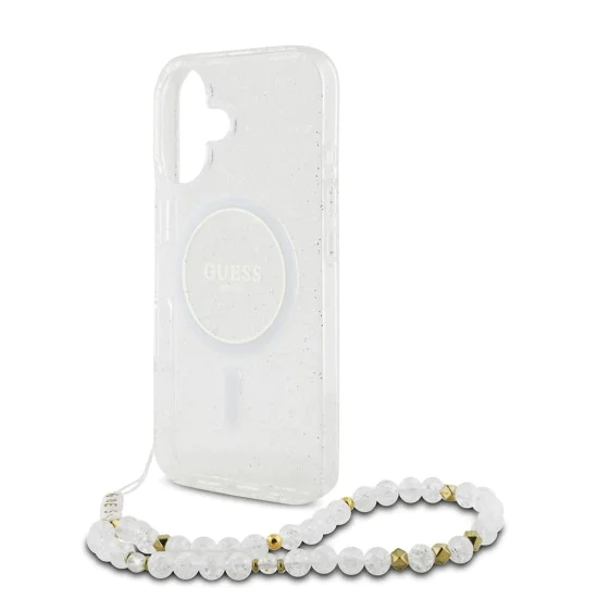 Калъф за iPhone 16 Plus - Guess IML Glitter with Pearl Strap MagSafe (GUHMP16MHGCGCRELST) - Clear