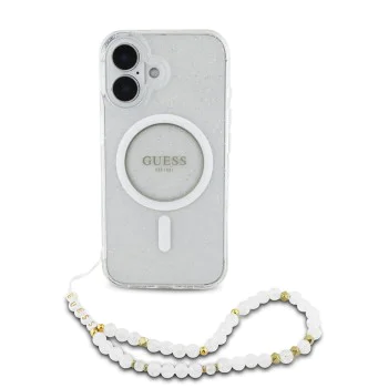 Калъф за iPhone 16 Plus - Guess IML Glitter with Pearl Strap MagSafe (GUHMP16MHGCGCRELST) - Clear