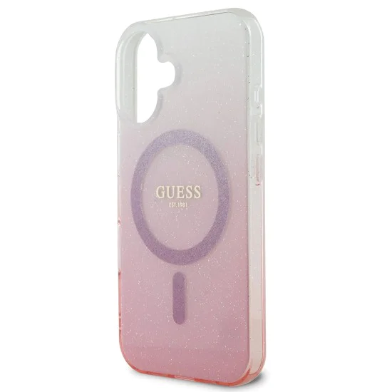 Калъф за iPhone 16 - Guess IML Glitter Glitter Gradient MagSafe (GUHMP16SHGRCELP) - Розов