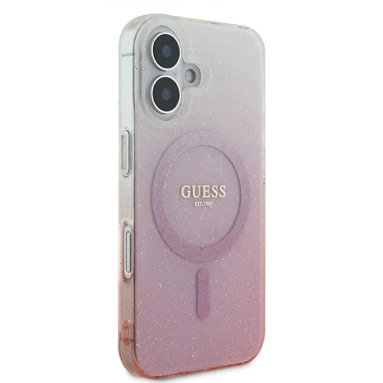 Калъф за iPhone 16 - Guess IML Glitter Glitter Gradient MagSafe (GUHMP16SHGRCELP) - Розов