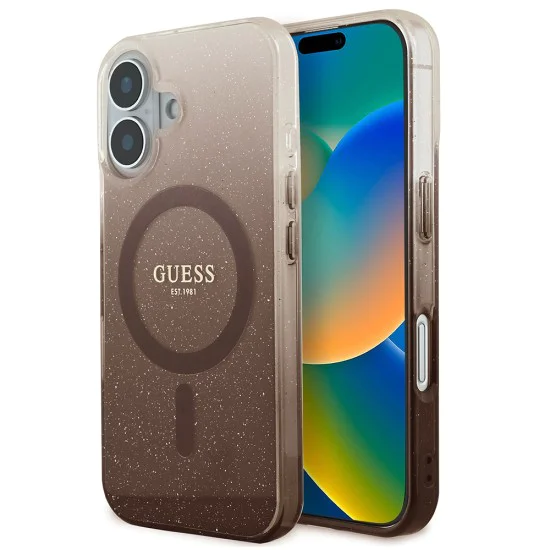 Калъф за iPhone 16 Plus - Guess IML Glitter Glitter Gradient MagSafe (GUHMP16MHGRCELW) - Кафяв