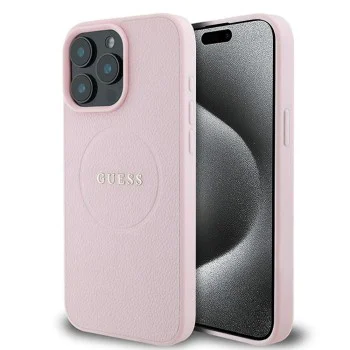 Калъф за iPhone 15 Pro Max - Guess Grained Gold Ring MagSafe (GUHMP15XPGHSMMP) - Розов
