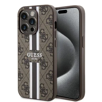 Калъф за iPhone 15 Pro - Guess Hardcase 4G Printed Stripes MagSafe (GUHMP15LP4RPSW) - кафяв