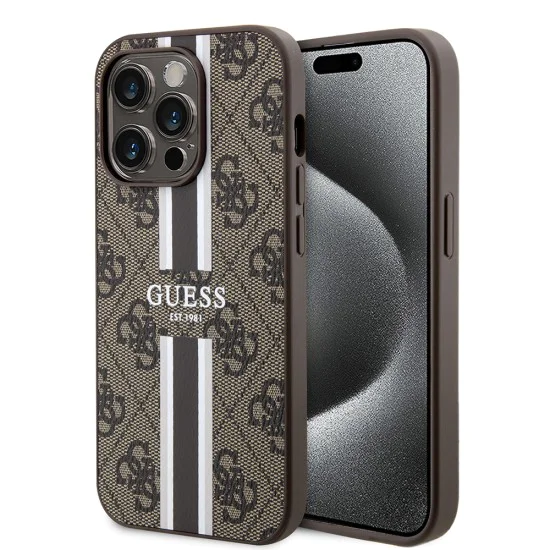 Калъф за iPhone 15 Pro - Guess Hardcase 4G Printed Stripes MagSafe (GUHMP15LP4RPSW) - кафяв