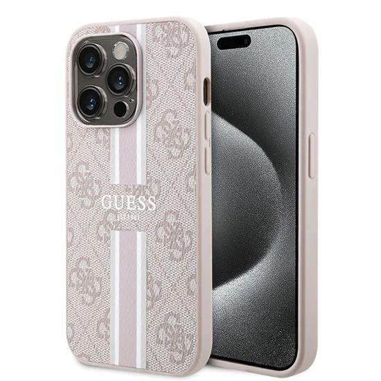 Калъф за iPhone 15 Pro - Guess Hardcase 4G Printed Stripes MagSafe (GUHMP15LP4RPSP) - Розов