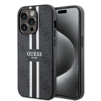 Калъф за iPhone 15 Pro Max - Guess Hardcase 4G Printed Stripes MagSafe (GUHMP15XP4RPSK) - Черен