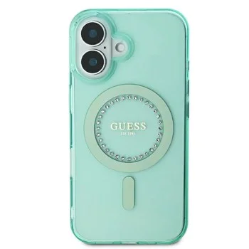Калъф за iPhone 16 Plus - Guess IML Rhinestones MagSafe (GUHMP16MPFTDTEN) - зелен