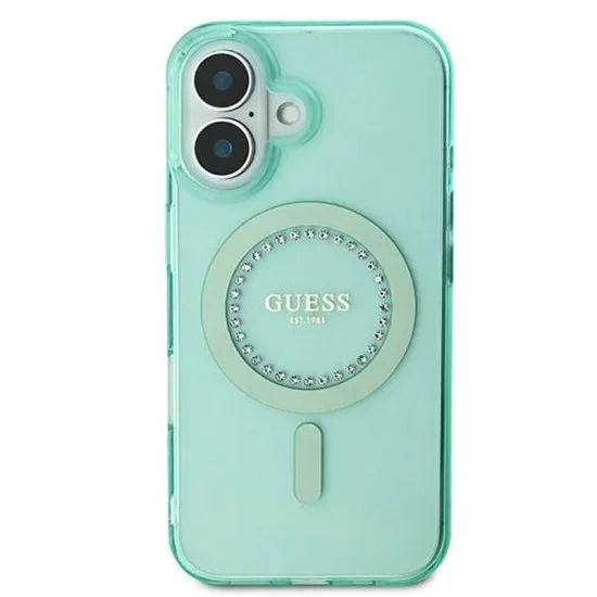 Калъф за iPhone 16 Plus - Guess IML Rhinestones MagSafe (GUHMP16MPFTDTEN) - зелен