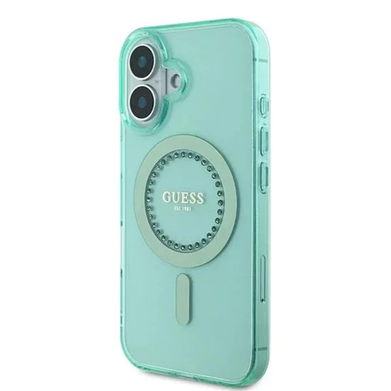 Калъф за iPhone 16 Plus - Guess IML Rhinestones MagSafe (GUHMP16MPFTDTEN) - зелен