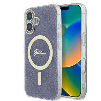 Калъф за iPhone 16 - Guess IML 4G MagSafe (GUHMP16SH4STB) - син