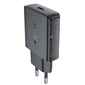 Стенно зарядно устройство A65 – Acefast, Type-C, GaN Technology, 20W, захранване – черно
