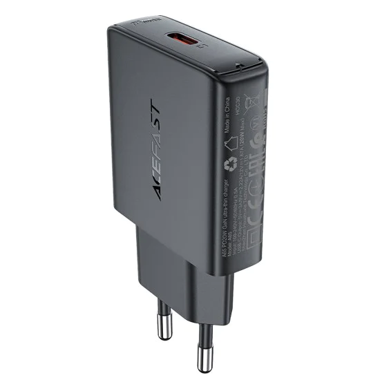 Стенно зарядно устройство A65 – Acefast, Type-C, GaN Technology, 20W, захранване – черно