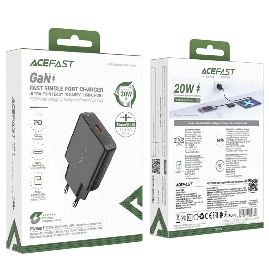 Стенно зарядно устройство A65 – Acefast, Type-C, GaN Technology, 20W, захранване – черно