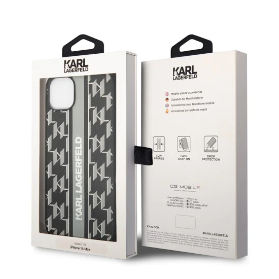 Калъф за IPhone 14 Plus - Karl Lagerfeld Hardcase монограм (KLHCHCP14MPGKLSKKG) - сива лента