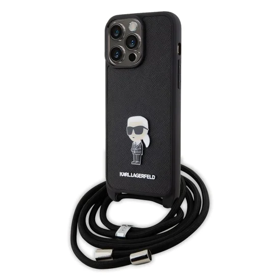 Калъф за iPhone 15 Pro Max - Karl Lagerfeld Saffiano Crossbody (KLHCP15XSASASKKNPSK) - Monogram Metal Pin Karl