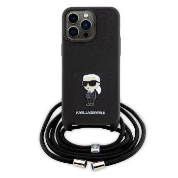 Калъф за iPhone 15 Pro Max - Karl Lagerfeld Saffiano Crossbody (KLHCP15XSASASKKNPSK) - Monogram Metal Pin Karl