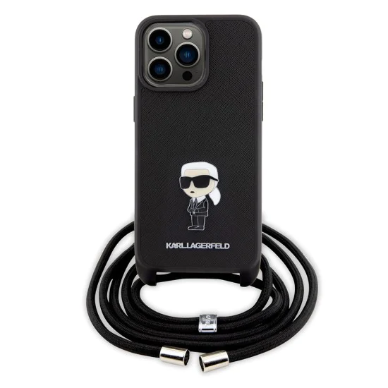 Калъф за iPhone 15 Pro Max - Karl Lagerfeld Saffiano Crossbody (KLHCP15XSASASKKNPSK) - Monogram Metal Pin Karl