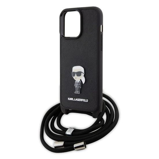 Калъф за iPhone 15 Pro Max - Karl Lagerfeld Saffiano Crossbody (KLHCP15XSASASKKNPSK) - Monogram Metal Pin Karl