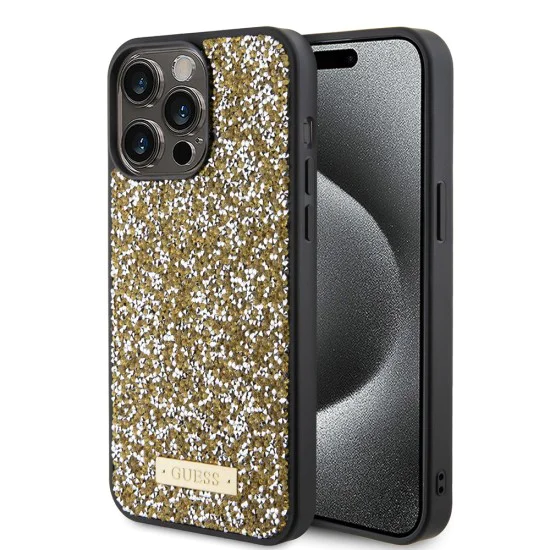 Калъф за iPhone 15 Pro - Guess Rhinestone Metal Logo (GUHCP15XPFGSBSD) - Жълт