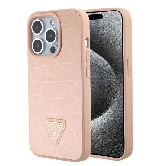 Калъф за iPhone 15 Pro Max - Guess Croco Croco Triangle Metal Logo (GUHCP15XPCRTHCP) - Розов