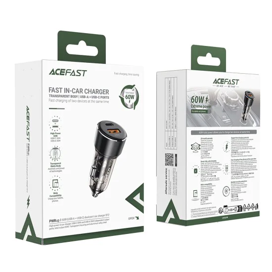 Зарядно за кола B12 – Acefast, Dual-port, Type-C, USB, Dual Fast Charging, 60W – Черно