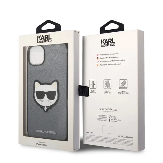 Калъф за iPhone 14 Plus - Karl Lagerfeld Saffiano (KLHCP14MSAPCHG) - Silver Choupette Head