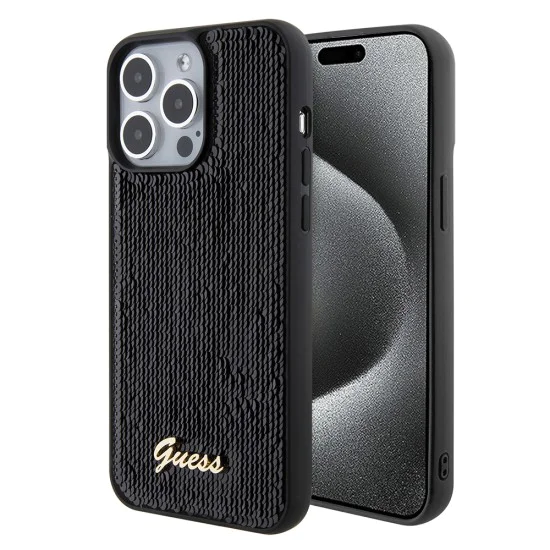 Калъф за iPhone 15 Pro Max - Guess Sequin Script Metal (GUHCP15XPSFDGSK) - Черен