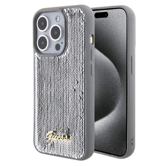 Калъф за iPhone 15 Pro Max - Guess Sequin Script Metal (GUHCP15XPSFDGSS) - Сребрист