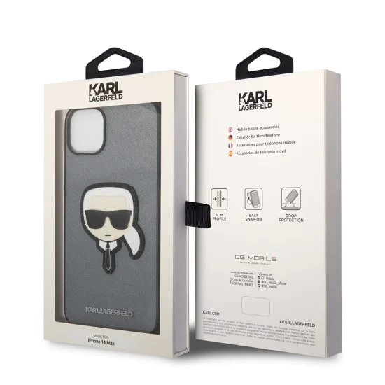 Калъф за iPhone 14 Plus - Karl Lagerfeld Saffiano (KLHCP14MSAPKKHG) - Silver Karl`s Head