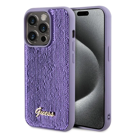 Калъф за iPhone 15 Pro - Guess Sequin Script Metal (GUHCP15LPSFDGSU) - Лилав