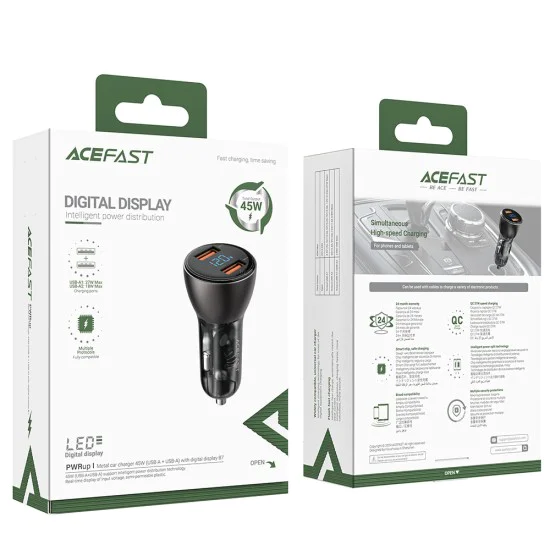 Зарядно за кола B7 – Acefast, 2x USB, 45W, двойно бързо зареждане, с LED цифров дисплей – прозрачно черно