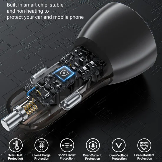 Зарядно за кола B7 – Acefast, 2x USB, 45W, двойно бързо зареждане, с LED цифров дисплей – прозрачно черно