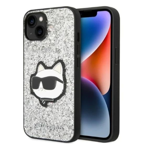 Калъф за iPhone 14 Plus - Karl Lagerfeld Hardcase Glitter (KLHCP14MG2CPS) - Silver Choupette Patch