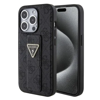 Калъф за iPhone 15 Pro Max - Guess Grip Stand 4G Triangle Triangle Strass (GUHCP15XPGPGS4TDK) - Черен