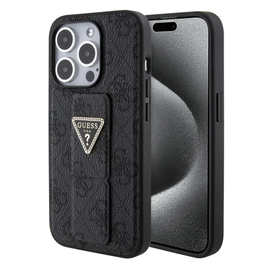 Калъф за iPhone 15 Pro Max - Guess Grip Stand 4G Triangle Triangle Strass (GUHCP15XPGPGS4TDK) - Черен